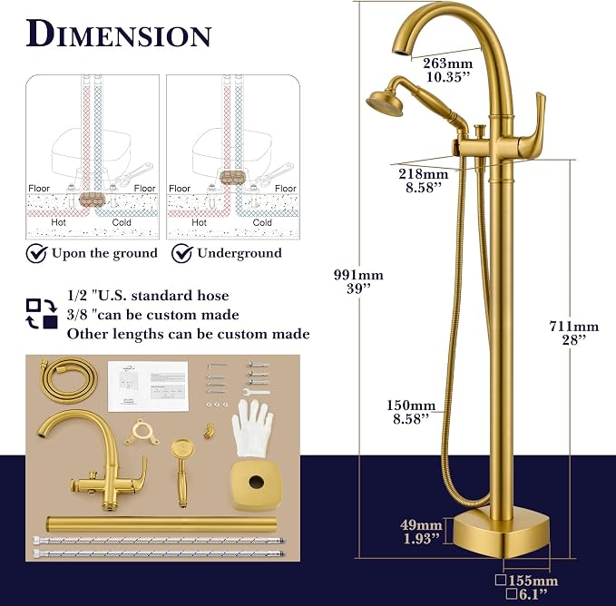 Free Standing Tub Faucet, Hanallx Luxury Brushed Gold Freestanding Bathtub - Image 6