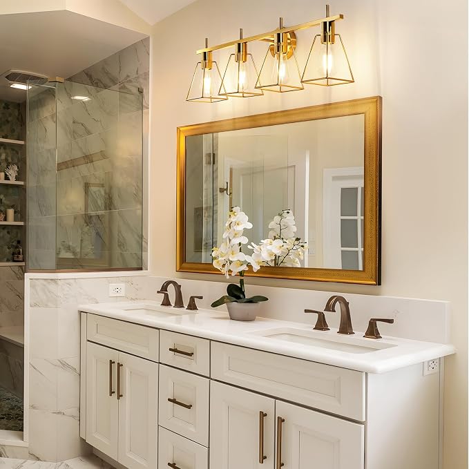 Industrial Bathroom Vanity Lights: 4-Lights Gold Brushed Brass Vintage Metal - Image 4