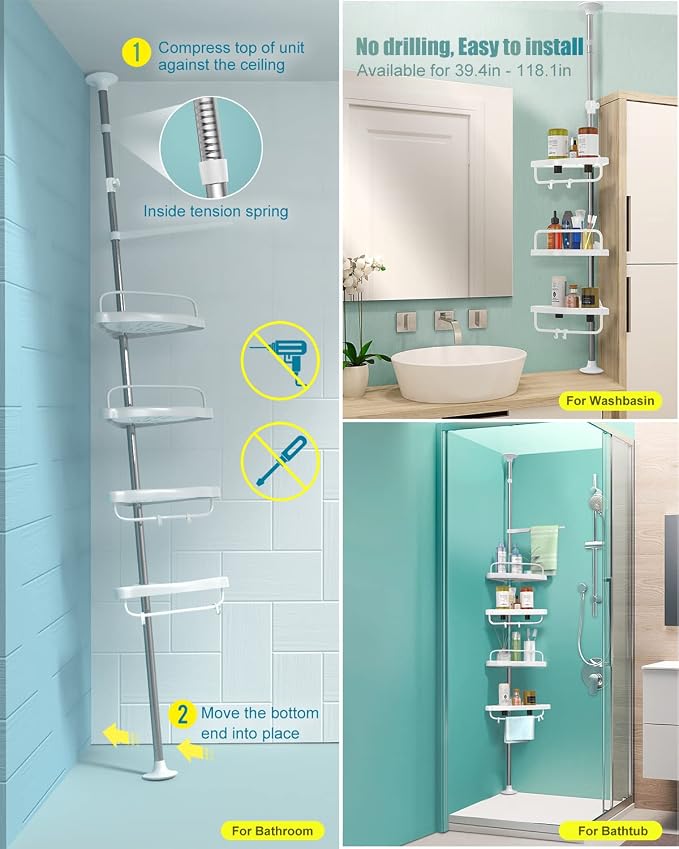 ADOVEL 4 Layer Corner Shower Caddy, Stainless Steel Constant Tension Pole - Image 6