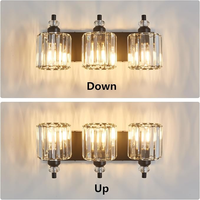 3-Light Black Bathroom Light Fixtures Over Mirror Modern Vanity Lights Crystal - Image 8