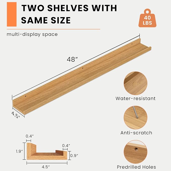 Heimlove Picture Ledge Shelf, Floating Shelves Set of 2, 48 Inches Picture Shelf - Image 3