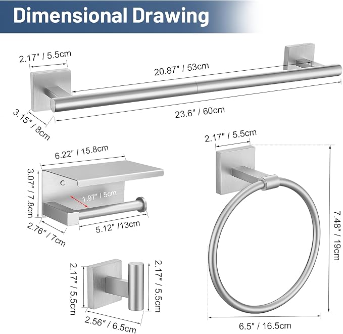 TURS 5-Pieces Brushed Nickel Bathroom Hardware Set 23.6 Inch SUS304 Stainless - Image 7