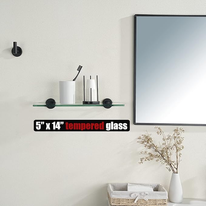 JQK Bathroom Glass Shelf Black, Tempered Glass Shower Storage 14 by 5 inches - Image 2
