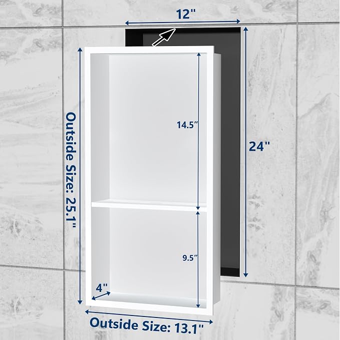Neodrain White Shower Niche Insert Tile Ready, Stainless Steel Wall Niche - Image 3
