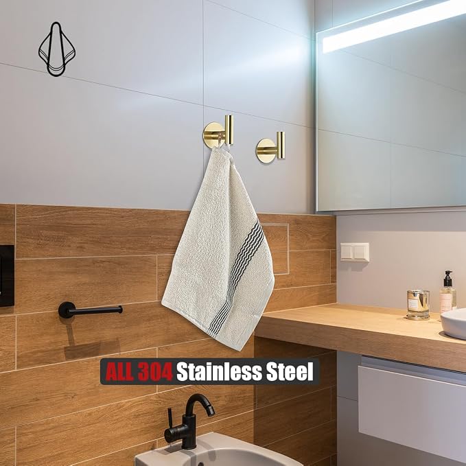 JQK Self Adhesive Towel Hook Gold, No Drill Stick on Coat Robe Clothes Wall Hook - Image 5