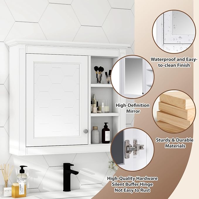 30'' x 28'' White Medicine Cabinet, Wall Mounted Bathroom Storage Cabinet - Image 6