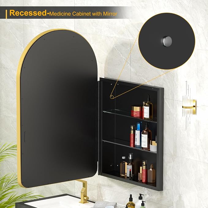 Arched Medicine Cabinet with Mirror, Recessed Medicine Cabinet, Metal Framed - Image 4