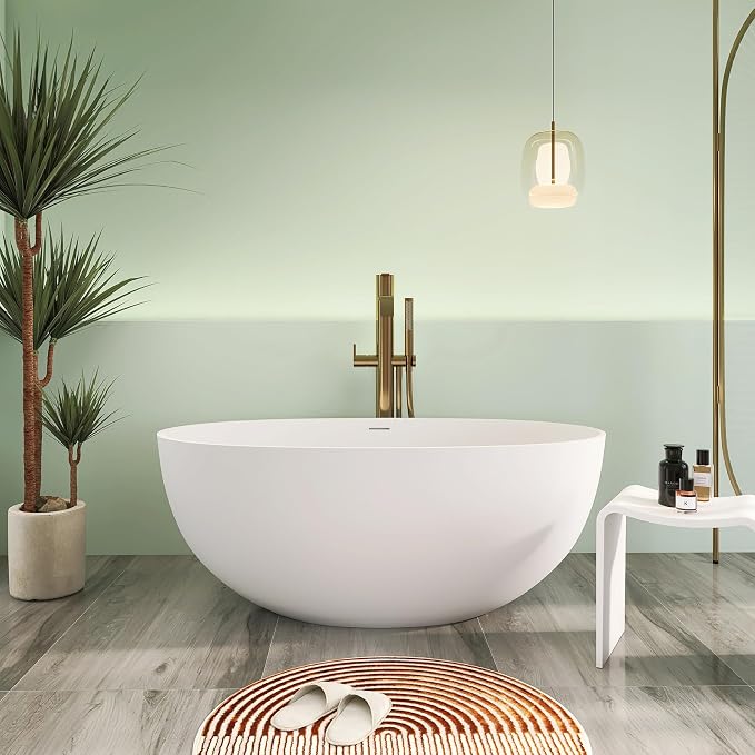 55" Premium Solid Surface Freestanding Bathtub, Upgraded Oval Stone Resin Tub by HIGEINE