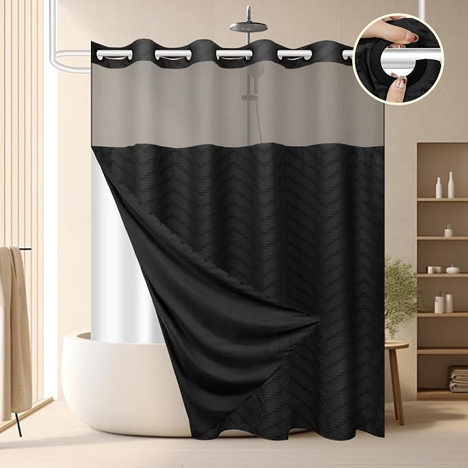 No Hook Shower Curtain and Snap in Liner Set Black Tufted Chevron Striped Cloth by FADOTY