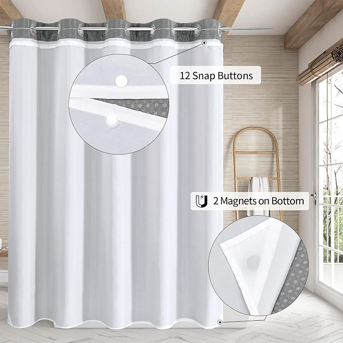 MitoVilla Black Waffle Long Shower Curtain Liner Set 72 x 80, No Hooks Needed - Image 2