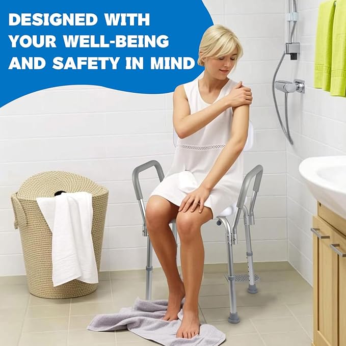 Shower Chair with Back and Padded Arms, Adjustable Height Shower and Bath Bench - Image 2