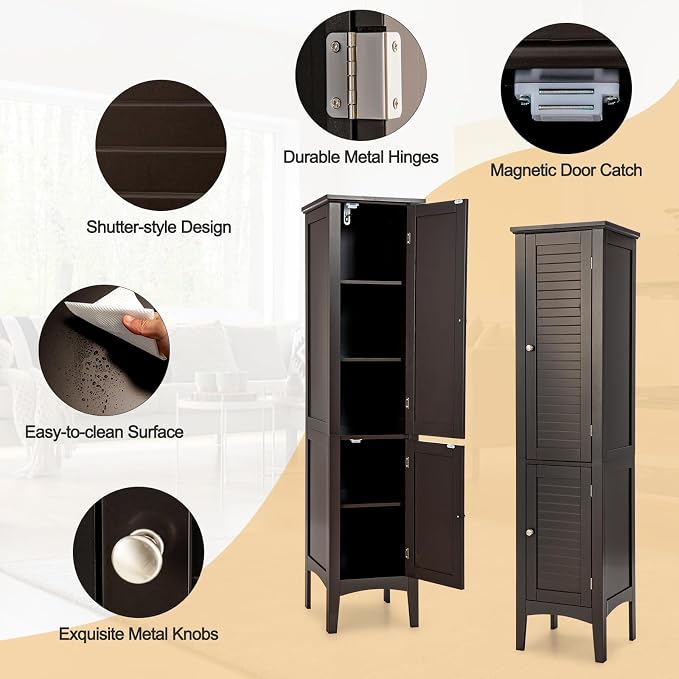 COSTWAY Tall Bathroom Storage Cabinet, 5-Tier Freestanding Linen Tower Cabinet - Image 8