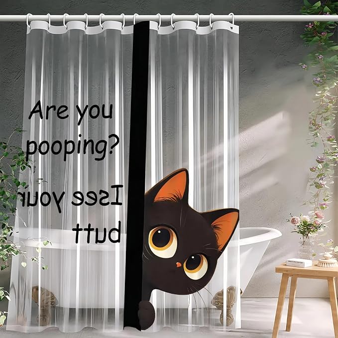Clear Cute Funny Black Cat Shower Curtain Liner, Are You Pooping Shower Curtain by CAPQL