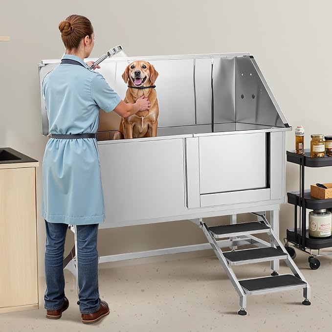 VEVOR Stainless Steel Dog Washing Station, 62 inch Pet Grooming Tub w/Stairs - Image 8