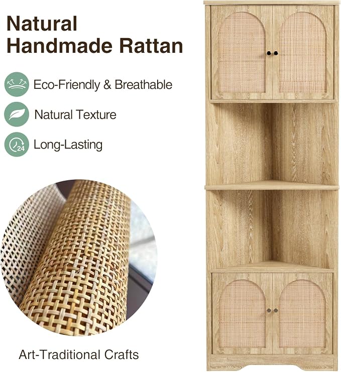 67''H Tall Corner Cabinet with Handmade Rattan Door, Rattan Storage Cabinet - Image 3