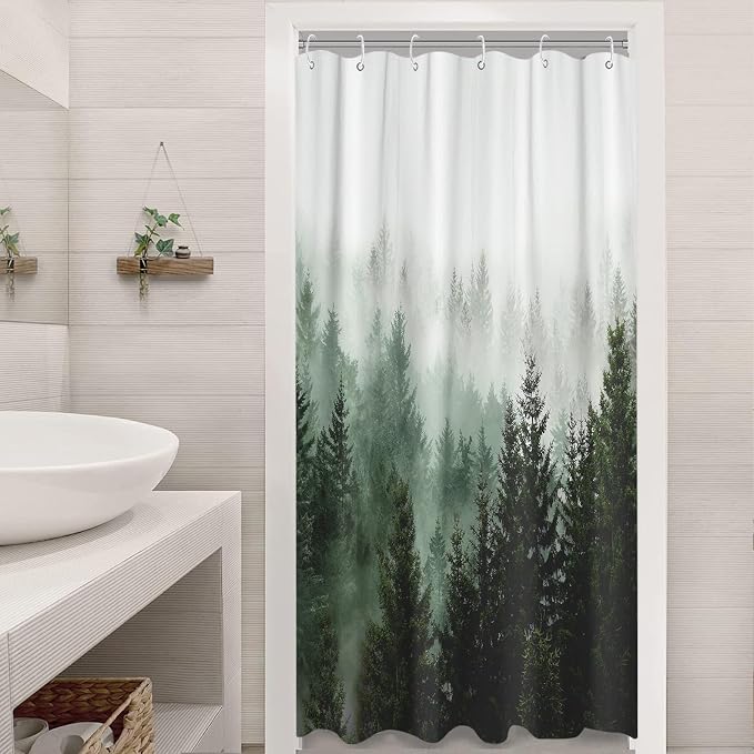 Aipon Green Misty Forest Shower Curtain Nature Tree Shower Curtain Set Dark - Image 5