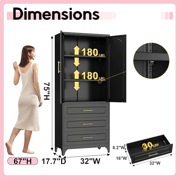 Pantry Kitchen Cabinet with Drawer, Metal Storage Cabinets with Doors and - Image 3