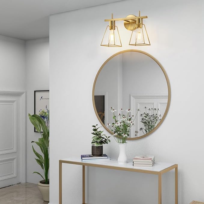 Industrial Bathroom Vanity Lights: 2-Lights Brush Gold Vintage Metal Cage Wall - Image 7