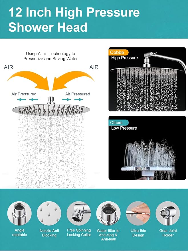 Cobbe 12 Inch All Metal Rain Shower Head, Dual Shower Heads - Image 6