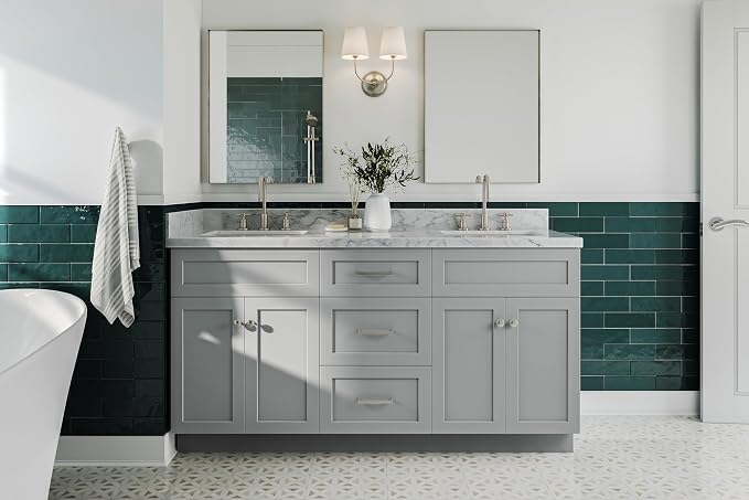 ARIEL Hamlet 67" Grey Double Bathroom Vanity, 1.5" Edge Italian Carrara Marble - Image 2