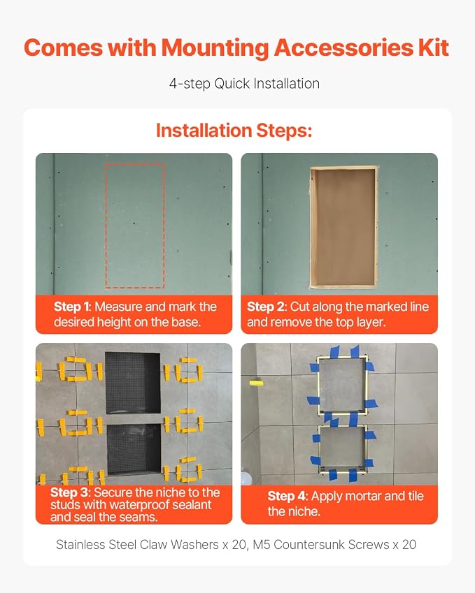 VEVOR Shower Niche, 16 x 32 inch + 16 x 32 inch Recessed Wall Niche - Image 7