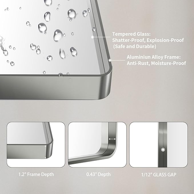 LOAAO 38X38 Inch Brushed Nickel Bathroom Mirror, Rounded Rectangle Silver Metal - Image 5