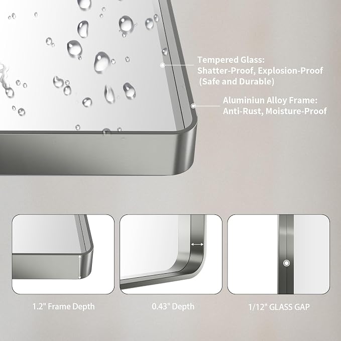LOAAO 48x40 Inch Brushed Nickel Bathroom Mirror, Rounded Rectangle Silver Metal - Image 5