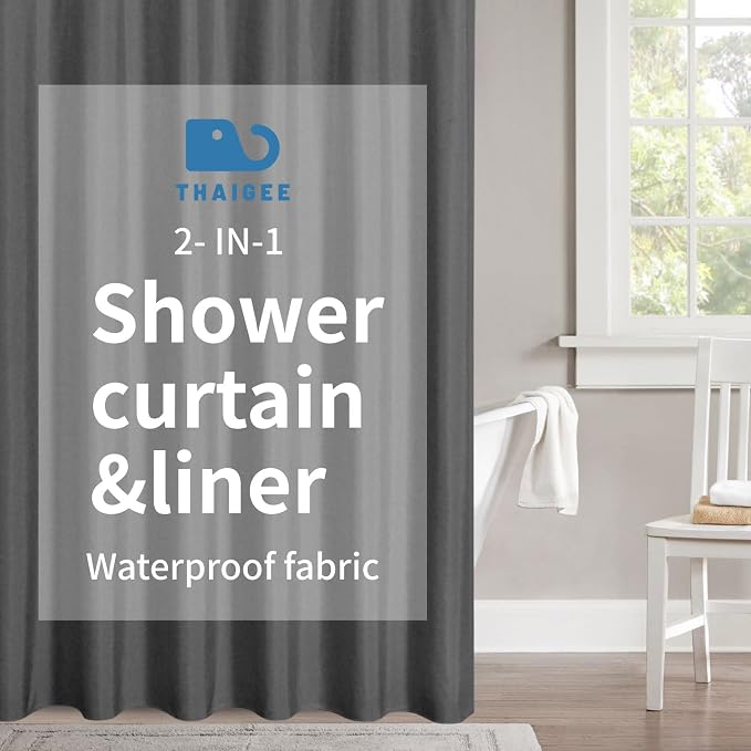 2-in-1 Waterproof Extra Long Fabric Shower Curtain or Liner, Linen Textured by THAIGEE