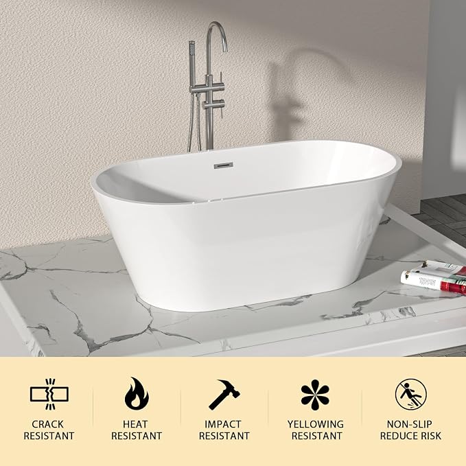 Logmey 59" Acrylic Freestanding Bathtub White Oval Shape Soaking Tub - Image 3