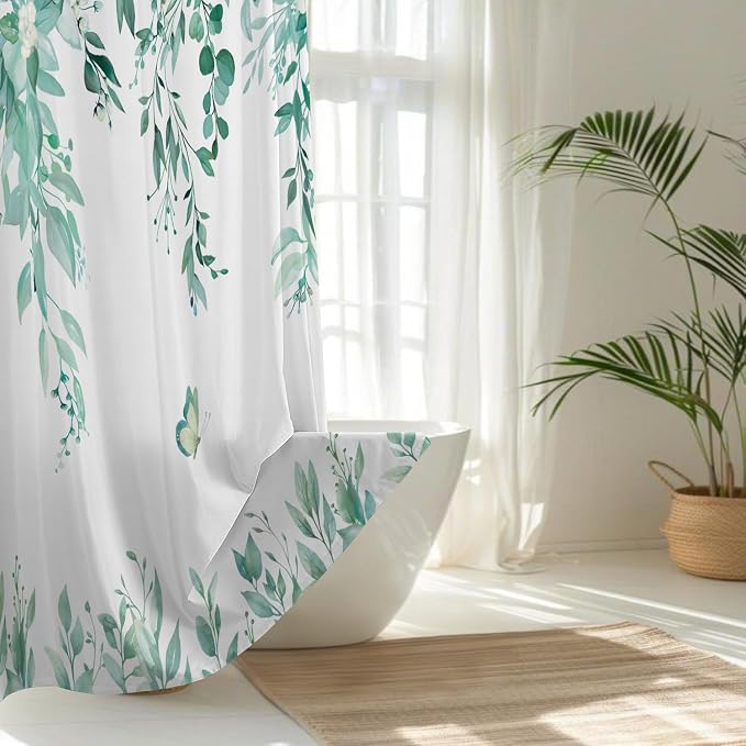 No Hook Shower Curtain and Liner Set, Teal Eucalyptus Floral Shower Curtains - Image 2