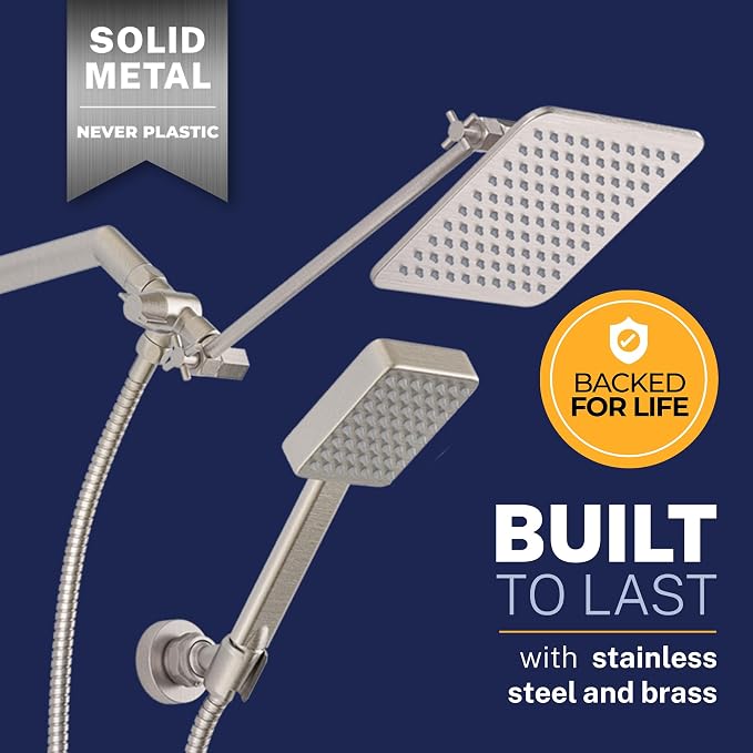 HammerHead® Solid Metal Dual Shower Head Combo — 8" Square Rain Shower Head - Image 6