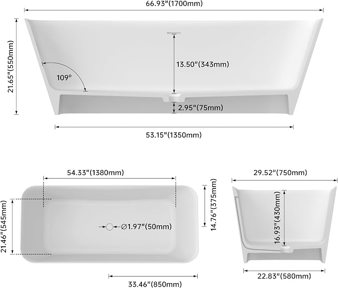 Stone Resin Freestanding Bathtub 67 ", Elegant Oval Shape Soaking Tub, Solid - Image 5