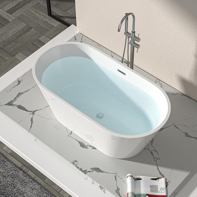 Logmey 59" Acrylic Freestanding Bathtub White Oval Shape Soaking Tub - Image 9