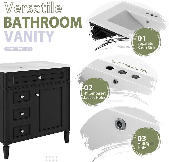 30" Bathroom Vanity with Matching Medicine Cabinet, Modern Sink Storage Cabinet - Image 6