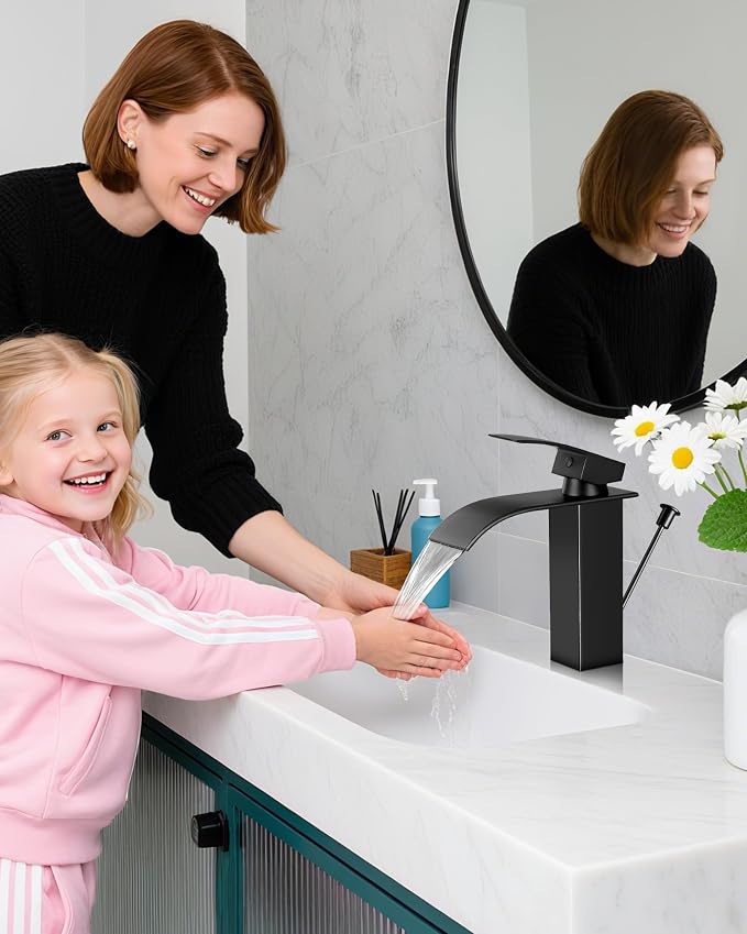 Bathroom Faucets with Lift Rod Drain Mater Black Waterfall Bathroom Sink Faucet - Image 2