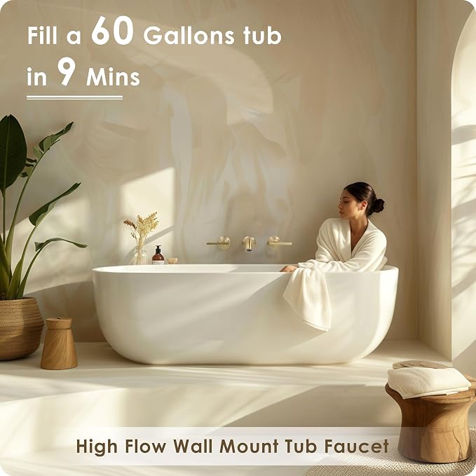 Wall Mount Tub Faucet, High Flow Solid Brass Brushed Gold Bathtub Faucet - Image 2