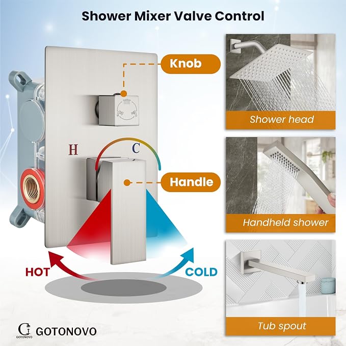 gotonovo Shower System with Tub Spout Wall Mounted Rain Shower Head and Handle - Image 3