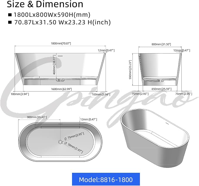 Cpingao 71" Stone Resin Freestanding Bathtub, Contemporary Oval Solid Surface - Image 5
