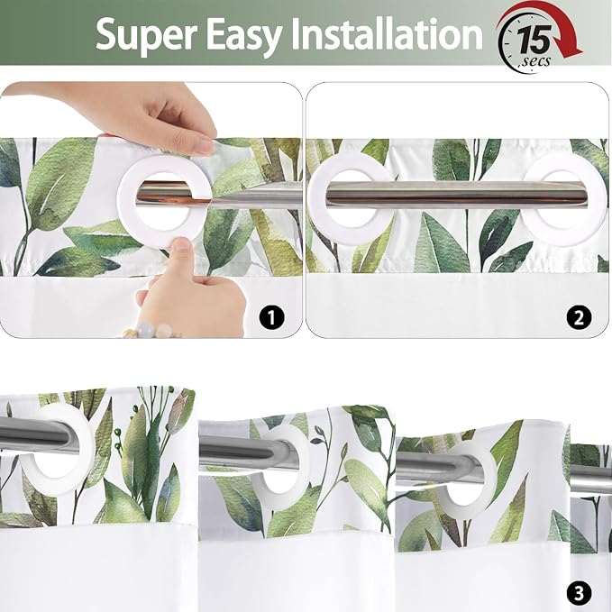 No Hook Shower Curtain and Liner Set, Sage Green Eucalyptus Floral Shower - Image 5