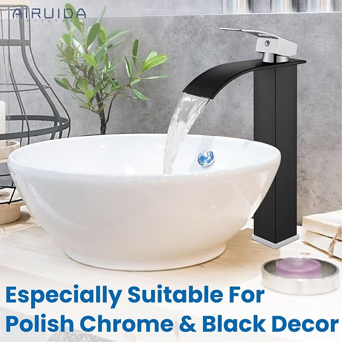 Airuida Tall Waterfall Spout Bathroom Faucet Matte Black&Chrome Polish Single - Image 2