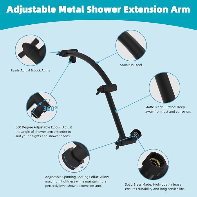 Hibbent Rain Filtered Shower Head, Solid Brass Adjustable Shower Arm Extender - Image 7