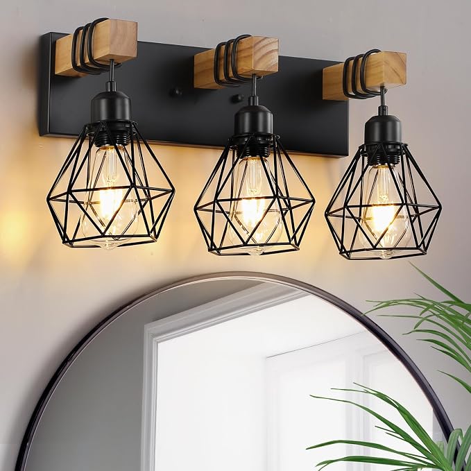 Farmhouse Vanity Light for Bathroom, 3-Light Wood Bathroom Vanity Light by LIGHTUPYOURLIFE
