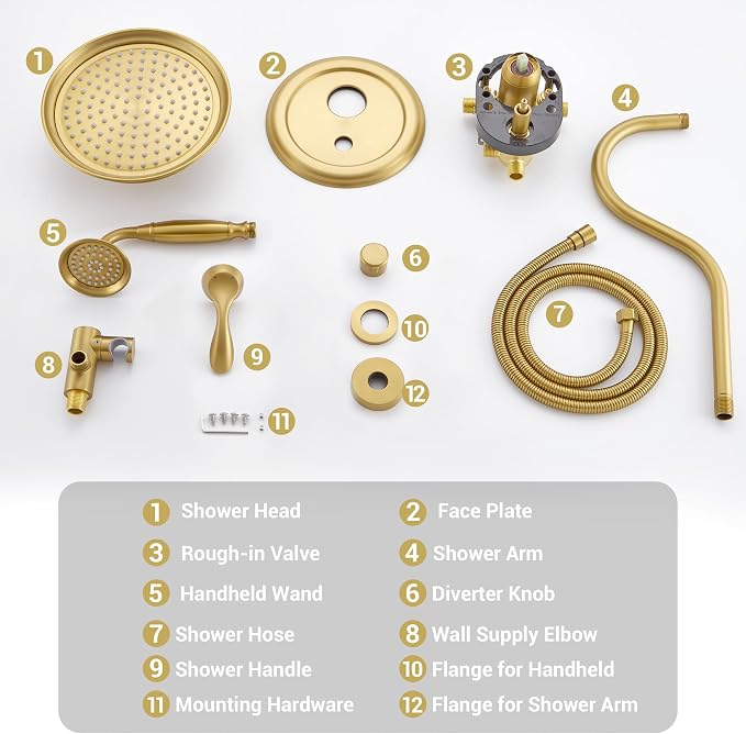DASAN Brushed Gold Rain Shower System Complete Antique Shower Faucet Sets - Image 7
