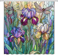 Stained Glass Shower Curtain Artistic Iris Dragonfly Purple Floral Green Leaves by UOZXOML