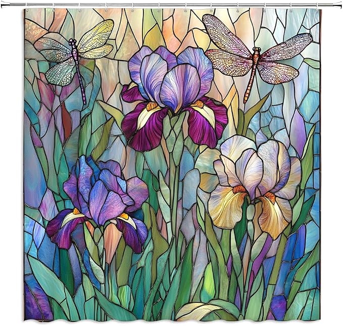 Stained Glass Shower Curtain Artistic Iris Dragonfly Purple Floral Green Leaves - Image 2