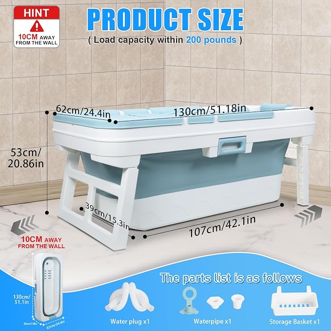 51 inch Portable Bathtub, Foldable Freestanding Bathtub, Japanese Soaking Tub - Image 2