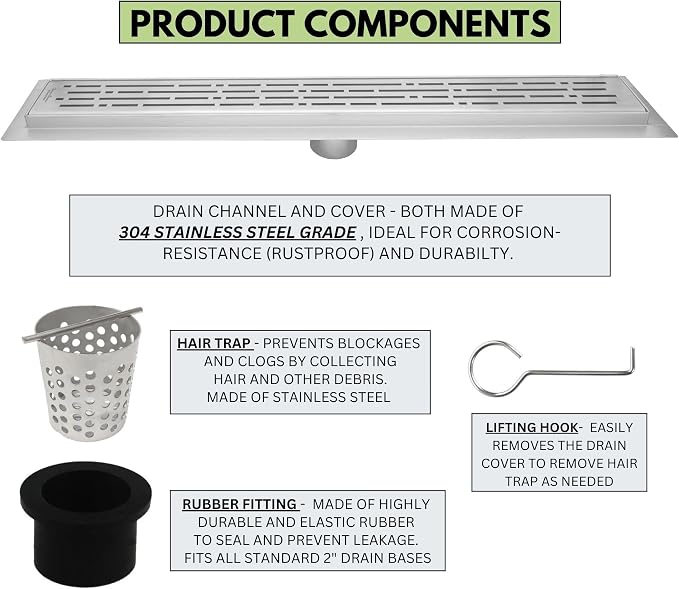 SereneDrains 304 Stainless Steel 40 Inch Brushed Nickel Linear Shower Drain Kit - Image 3