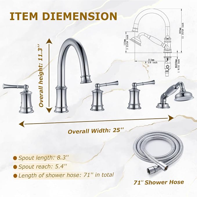 Roman Tub Faucet with Hand Shower, Antique Tub Shower Faucet Set with Valve - Image 3