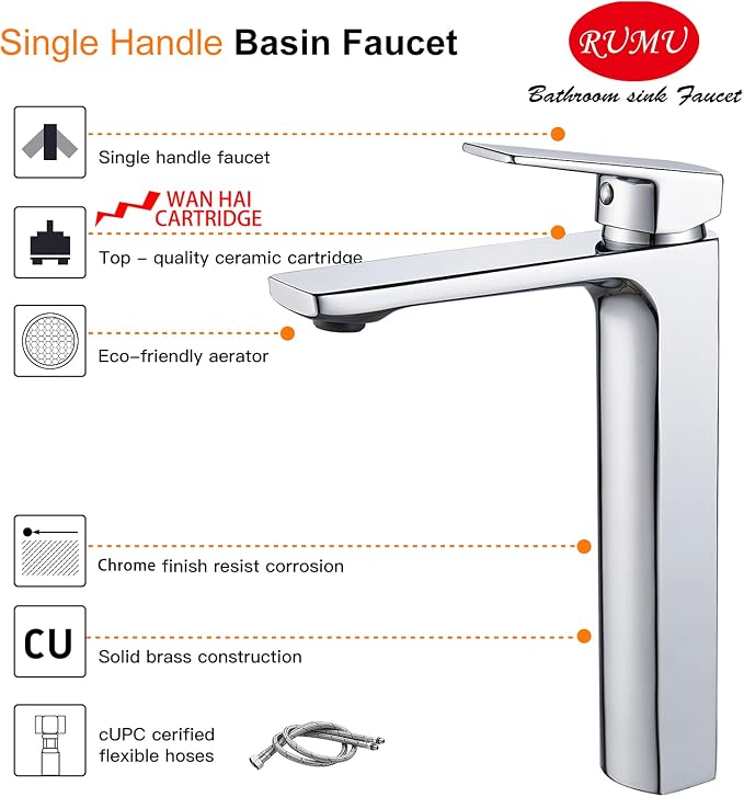 VOTON Chrome Vessel Sink Faucet Tall Single Handle Bathroom Vanity Sink Faucet - Image 5