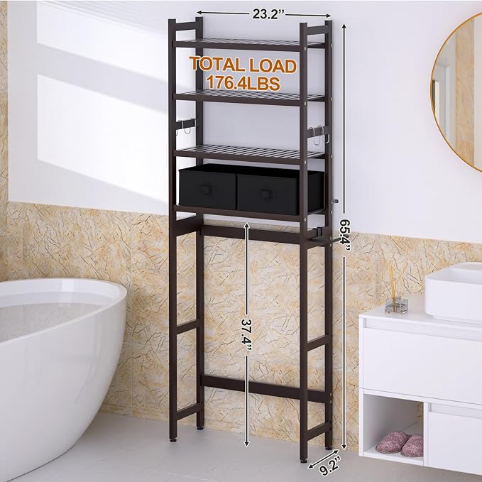 Over The Toilet Storage with 2 Baskets, 4-Tier Bamboo Organizer Rack with Paper - Image 6